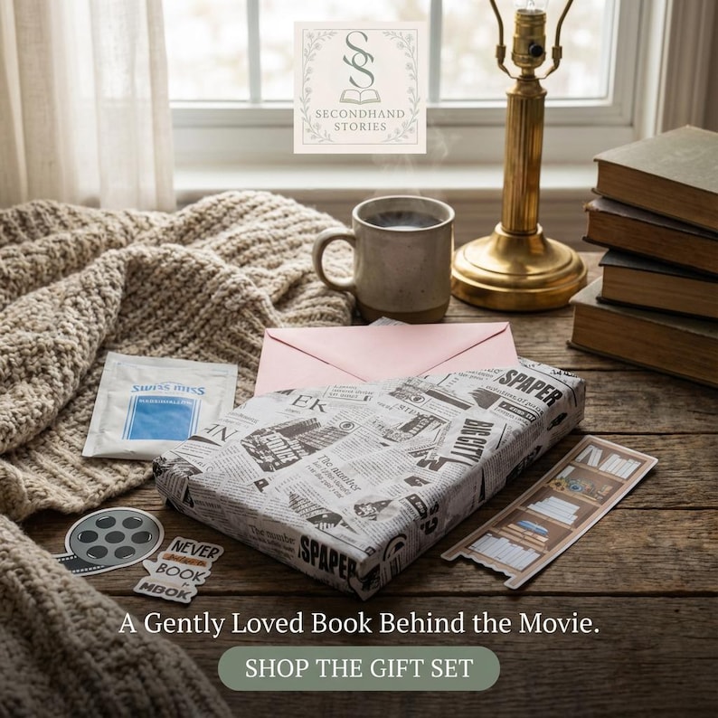 May include: A cozy scene with a wrapped gift, coffee mug, and books. The gift is wrapped in newspaper print. A pink envelope and a packet of Swiss Miss are also present. The text reads "A Gently Loved Book Behind the Movie."