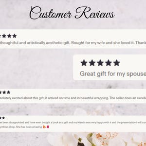 May include: Image featuring customer reviews with star ratings and text. The reviews praise the gift's aesthetic, the seller's excellent service, and the presentation of the product. The text reads "Customer Reviews".