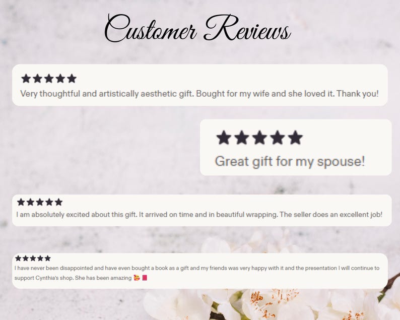 May include: Image featuring customer reviews with star ratings and text. The reviews praise the gift's aesthetic, the seller's excellent service, and the presentation of the product. The text reads "Customer Reviews".
