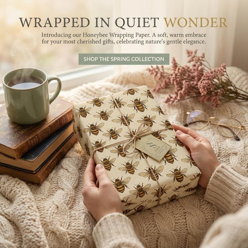 Honeybee wrapping paper beige spring gift wrap quiet luxury baby shower birthday Easter Mother's Day teacher gift bee lover paper rolled image 9