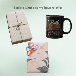 May include: An assortment of book-themed items. A wrapped gift box with floral paper and twine, a black mug with the word "Books" and a quote, and a book sleeve with books inside.