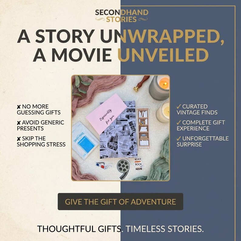 May include: Promotional image for Secondhand Stories. The image features a collection of curated vintage finds, including a pink card that says "Especially for you", a small bookshelf, and a film reel. Text includes "Give the gift of adventure."