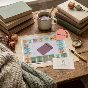 Printable TBR board game 45 space plot twist challenge read your TBR PDF tokens and cards reading group solo game gift for book lovers