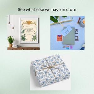 May include: An image showcasing a framed quote, a gift set with a card that says "Especially for you", and a wrapped gift. The wrapped gift has a blue floral pattern and is tied with twine. The framed quote is from Emily Bront&euml;'s Wuthering Heights.