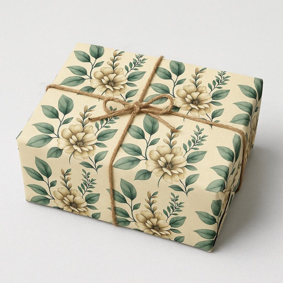 Fall Floral Watercolor Wrapping Paper Sage Green Brown Cream Leaves ...