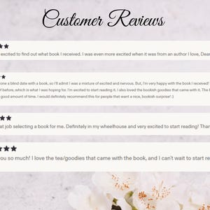 May include: A light background with the words "Customer Reviews" in elegant script. Below, customer testimonials are displayed in white text boxes, each with a five-star rating. The reviews express satisfaction with books and included extras.