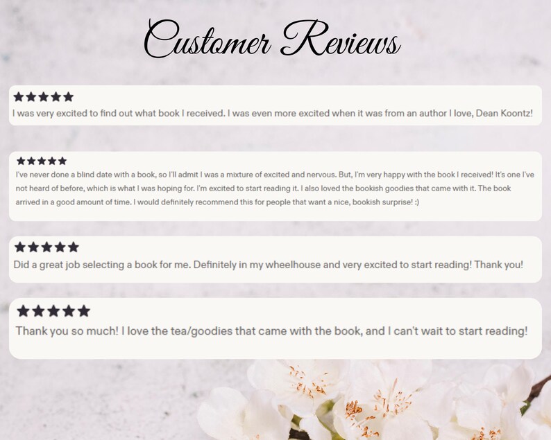 May include: A light background with the words "Customer Reviews" in elegant script. Below, customer testimonials are displayed in white text boxes, each with a five-star rating. The reviews express satisfaction with books and included extras.