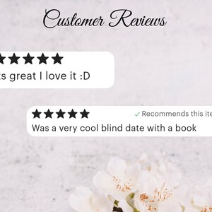 May include: Image featuring customer reviews with star ratings and text. One review says "Its great I love it :D". Another review states "Was a very cool blind date with a book" with a checkmark that says "Recommends this item".