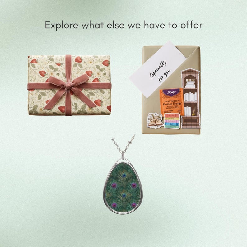 May include: An image featuring wrapped gifts and a pendant. One gift is wrapped in strawberry-patterned paper with a velvet ribbon. The other is wrapped in tan paper with a card that says "Especially for you." A silver pendant with a peacock feather design is also shown.