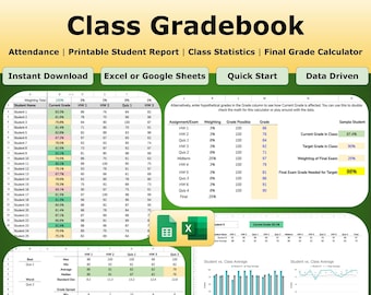 Plantilla de libro de calificaciones de clase, calculadora de calificaciones para docentes (Excel, Hojas de cálculo de Google)
