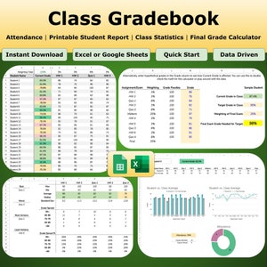 Klascijferlijst Excel/Google Spreadsheets-sjabloon met aanwezigheid, afdrukbare leerlingrapportkaart, docentenstatistieken en eindcijfercalculator