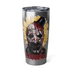 Tumbler Cup, Terrifier, Art the Clown, Horror Movie Fan Drinkware, Travel Mug, Insulated Coffee Mug, Halloween Gift, Creepy Film Themed Cup