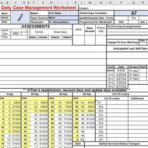 May include: A daily case management worksheet with a grid for tracking patient information, including dates, therapy, and skilled days available. The worksheet includes a section for assessments, with headings for normal, grace days, and date accepted. The worksheet also includes a section for ICD 10 codes and skilled services/status changes.