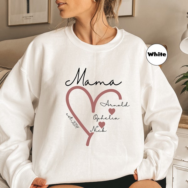 Personalized Mama Heart Hoodie With Children Names, Custom Mom Sweatshirt With Date, Cute Mommy Outfit, Announcement Gift, Mother's Day Gift