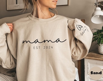 Personalized Mama Sweatshirt With Kids Names Sleeve, Est Date Mom Outfit, Custom Mom Hoodie, Names On Sleeve With Heart, Mother's Day Gift
