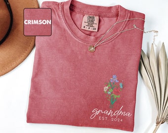 Benutzerdefinierte Comfort Colors® Floral Oma T-Shirt, Oma Shirts auf der Tasche, personalisierte Mimi Geschenk, Oma Est Date Tee, coole Gigi Kleidung