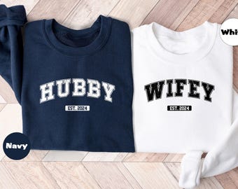 Custom Wifey Hubby Sweatshirt, Personalized Matching Couples Hoodie, Newylwed Outfit, Honeymoon Clothings, Bridal Shower Gift, Wedding Gifts