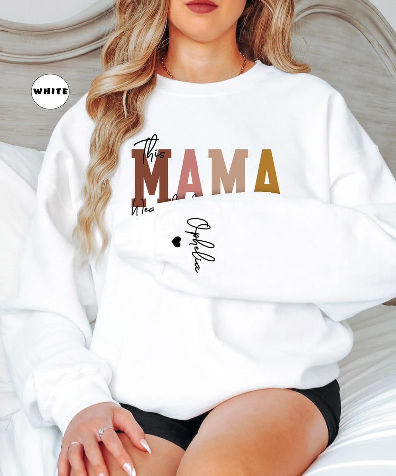 Custom This Mama Wears Her Heart On Her Sleeve Hoodie, Personalized Mom Sweatshirt With Kids Names, Cute Momma Outfit, Mothers Day Gifts image 5