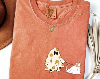 Cute Ghost & Dog Comfort Colors® T-shirt, Dog Lovers Halloween Shirt, Funny Halloween Dog Walker Outfit, Spooky Season Tee, Fall Tee Gifts