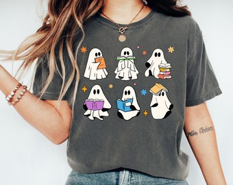 Comfort Colors® Ghost Reading Books Tshirt, Halloween Ghost Teacher Shirt, Bookish Spooky Season Outfit, Halloween Party Book Lover Tee Gift