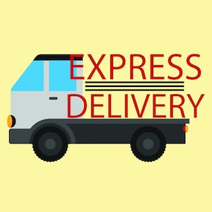 May include: A white delivery truck with black wheels and a black bed. The words "EXPRESS DELIVERY" are written in red letters above the truck.