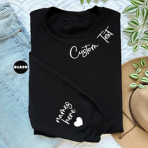 Custom Text Sweatshirt With Names On Neck, Personalized Names Hoodie On Sleeve, Personalized Minimalist Outfit, Customizable Crewneck Gifts
