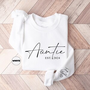Custom Auntie Sweatshirt With Niece Nephew Names On Sleeve, Personalized Aunt Hoodie, Auntie Outfit, New Auntie Clothing, Announcement Gifts image 3