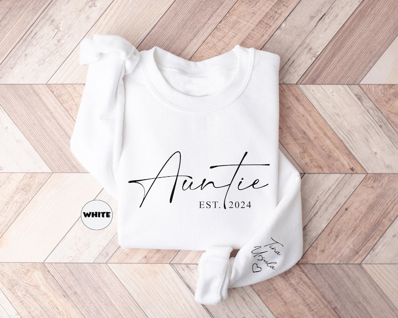 Custom Auntie Sweatshirt With Niece Nephew Names On Sleeve, Personalized Aunt Hoodie, Auntie Outfit, New Auntie Clothing, Announcement Gifts image 3