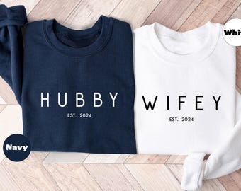 Personalized Wifey & Hubby Sweatshirt, Custom Couple Hoodie, Newlywed Honeymoon Outfit, Engagement Clothings, Wedding Party Gift, Bride Gift