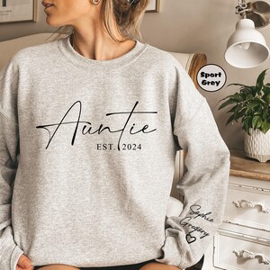 Custom Auntie Sweatshirt With Niece Nephew Names On Sleeve, Personalized Aunt Hoodie, Auntie Outfit, New Auntie Clothing, Announcement Gifts image 5