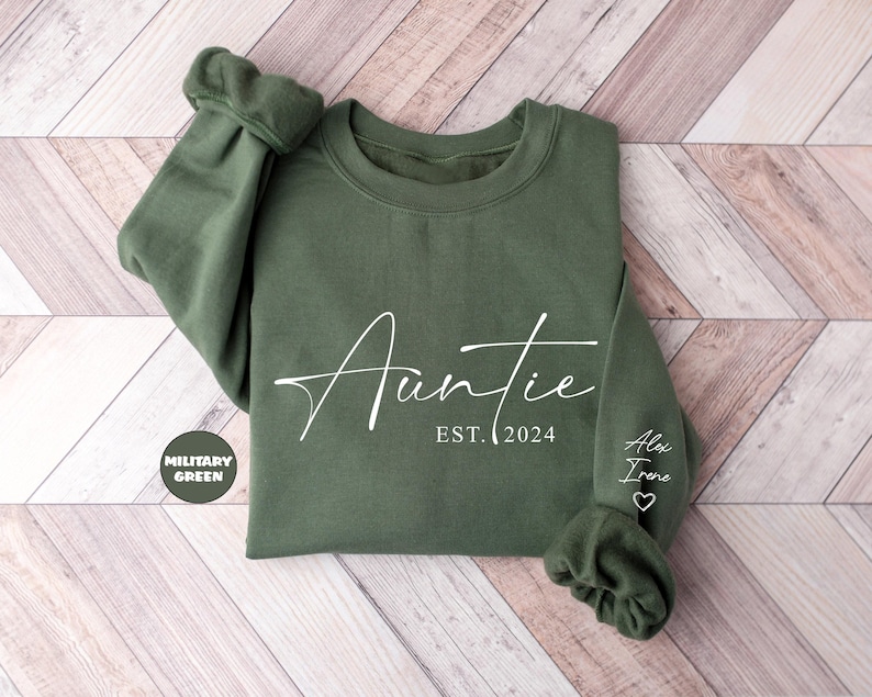 Custom Auntie Sweatshirt With Niece Nephew Names On Sleeve, Personalized Aunt Hoodie, Auntie Outfit, New Auntie Clothing, Announcement Gifts image 4