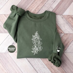 Custom Birth Month Flower Sweatshirt With Names On Sleeve, Personalized Birth Flower Hoodie, Cute Grandma Outfit, Happy Mother's Day Gifts image 4
