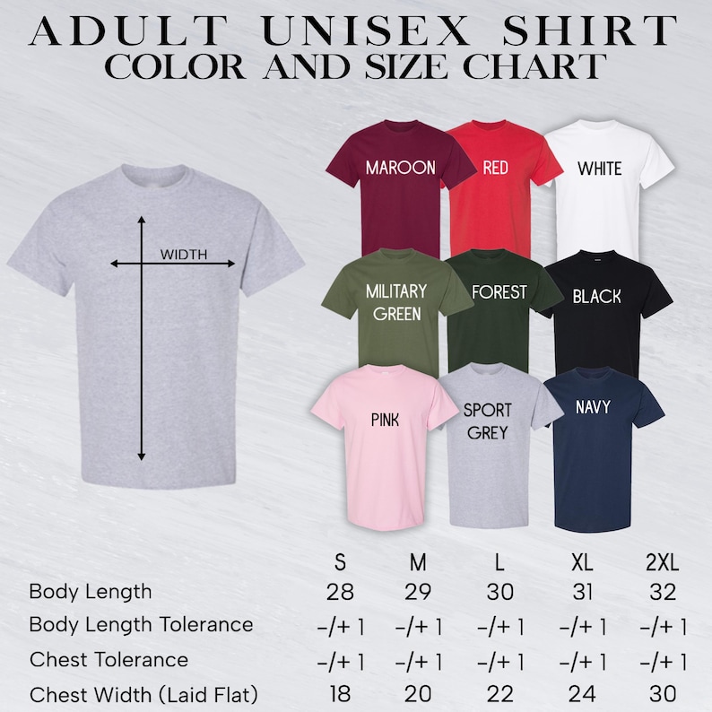 The image is a color and size chart for adult unisex t-shirts. It displays various t-shirt colors and sizes, along with corresponding measurements.