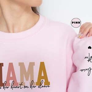 Custom This Mama Wears Her Heart On Her Sleeve Hoodie, Personalized Mom Sweatshirt With Kids Names, Cute Momma Outfit, Mothers Day Gifts image 2