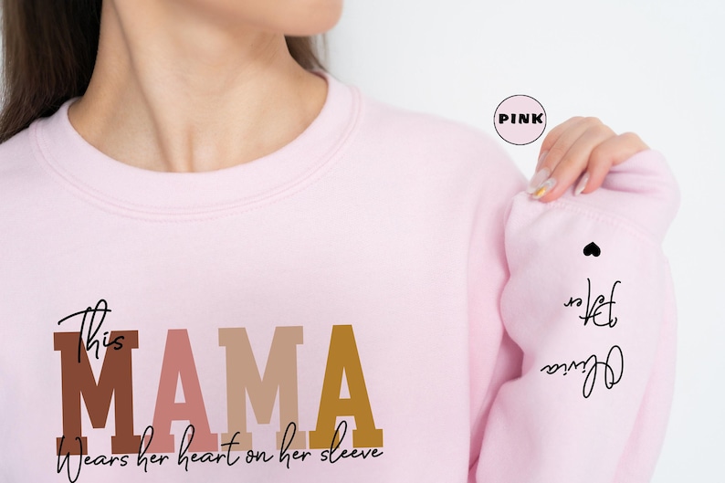 Custom This Mama Wears Her Heart On Her Sleeve Hoodie, Personalized Mom Sweatshirt With Kids Names, Cute Momma Outfit, Mothers Day Gifts image 2