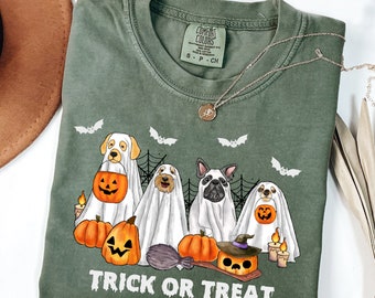 Maglietta carina con fantasma e cane, vestito di Halloween per amanti dei cani, maglietta divertente per Halloween per chi porta a spasso il cane, abbigliamento per la stagione spettrale, regali di magliette autunnali da donna