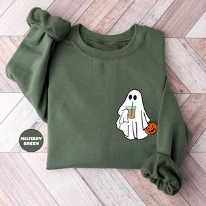 Cute Ghost Drinking Coffee Halloween Sweatshirt, Little Ghost Halloween Hoodie, Spooky Season Outfit, Halloween Coffee Lovers Clothing Gifts