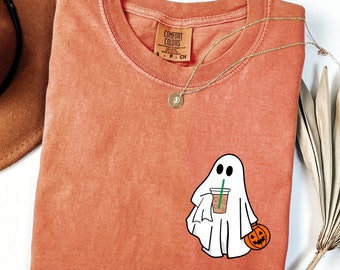 Cute Ghost Drinking Coffee Halloween Comfort Colors Shirt, Little Ghost Halloween T-shirt, Spooky Season Outfit, Halloween Coffee Lovers Tee