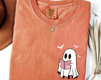 Halloween Ghost Reading Books Comfort Colors Shirt, Bookish Halloween Librarian Tee, Teacher Halloween Tshirt, Book Lover Funny Ghost Outfit