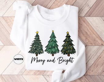 Merry And Bright Sweatshirt, Merry Christmas Hoodie, Pine Trees Christmas Outfit, Winter Clothing, Family Holiday Hoodie, Matching Xmas Gift