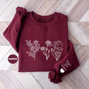Custom Birth Month Flower Sweatshirt With Names On Sleeve, Personalized Birth Flower Hoodie, Cute Grandma Outfit, Happy Mother's Day Gifts image 3
