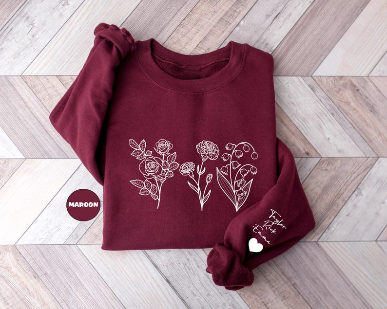 Custom Birth Month Flower Sweatshirt With Names On Sleeve, Personalized Birth Flower Hoodie, Cute Grandma Outfit, Happy Mother's Day Gifts image 3