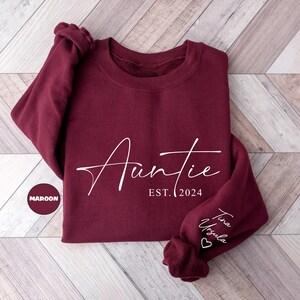 Custom Auntie Sweatshirt With Niece Nephew Names On Sleeve, Personalized Aunt Hoodie, Auntie Outfit, New Auntie Clothing, Announcement Gifts image 2
