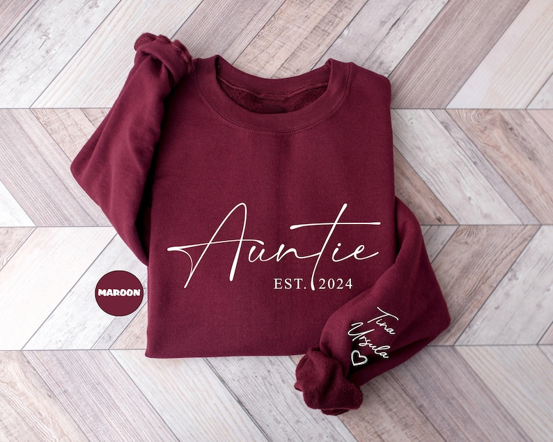 Custom Auntie Sweatshirt With Niece Nephew Names On Sleeve, Personalized Aunt Hoodie, Auntie Outfit, New Auntie Clothing, Announcement Gifts image 2