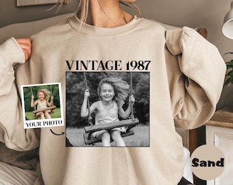 Custom Vintage Photo and Year Hoodie Sweatshirt, Personalized Picture Design, Vintage EST Style, Birthday Gift, Nostalgic Custom Apparel