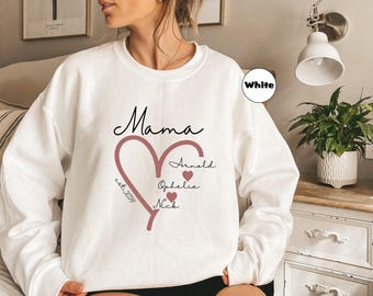Personalized Mama Heart Hoodie With Children Names, Custom Mom Sweatshirt With Date, Cute Mommy Outfit, Announcement Gift, Mother's Day Gift