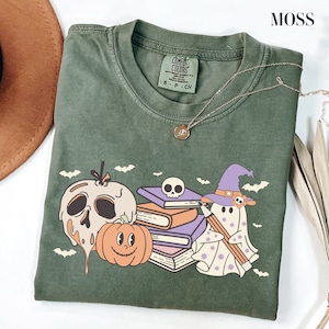 Comfort Colors Halloween Shirt, Books and Skull Tshirt, Spooky Library Tee, Halloween Book Lover Outfit, Halloween Bookshelf Shirt