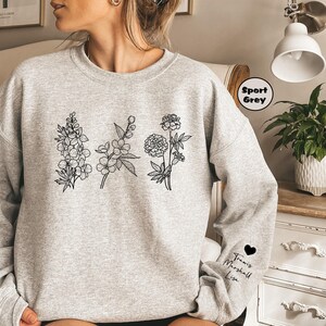 Custom Birth Month Flower Sweatshirt With Names On Sleeve, Personalized Birth Flower Hoodie, Cute Grandma Outfit, Happy Mother's Day Gifts image 2