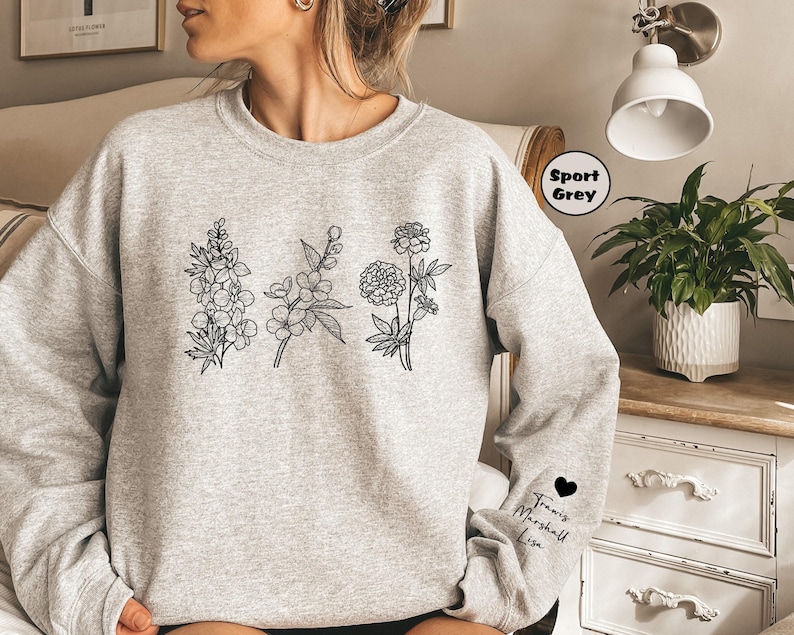Custom Birth Month Flower Sweatshirt With Names On Sleeve, Personalized Birth Flower Hoodie, Cute Grandma Outfit, Happy Mother's Day Gifts image 2
