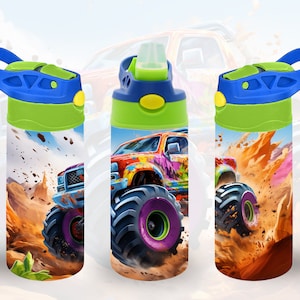 Monster Truck 12oz Kids Flip Top Sippy Cup Tumbler Wrap, 12oz Straight Tumbler Sublimation PNG, Childrens Trucks Tumbler Wrap Design for Kid